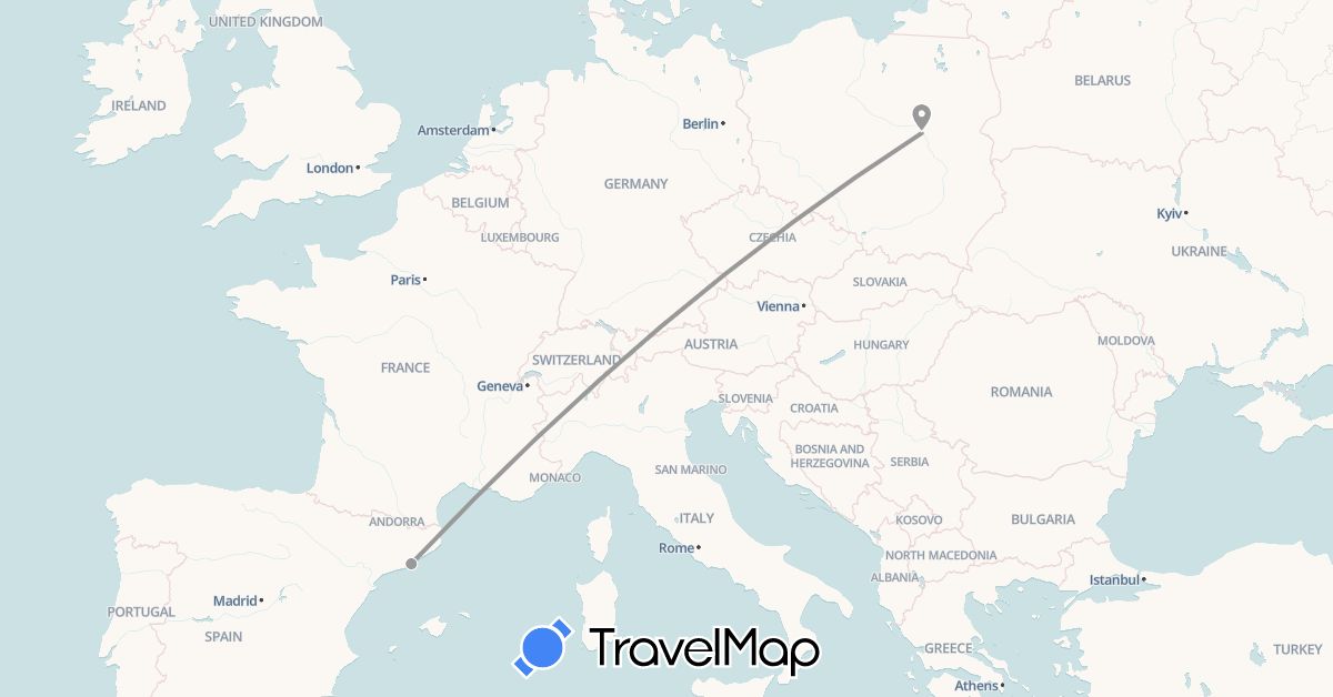 TravelMap itinerary: plane in Spain, Poland (Europe)